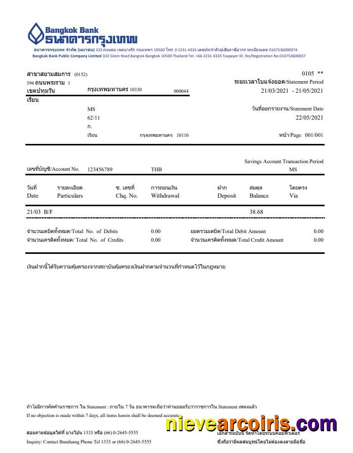 Thailand Bangkok bank account statement in Excel and PDF format